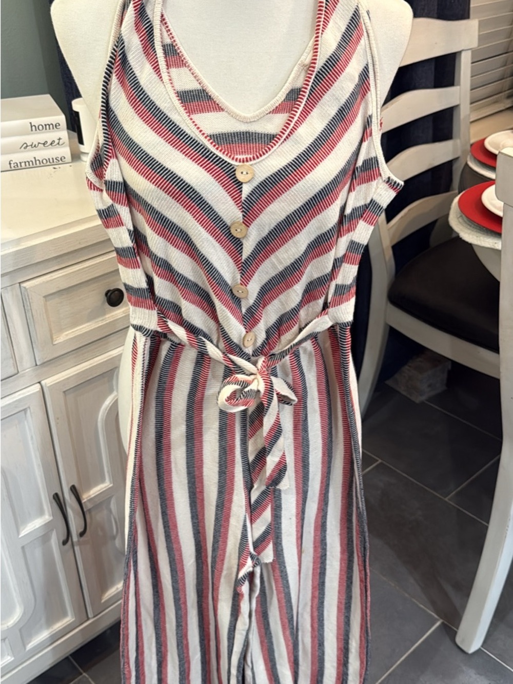 Striped Sleeveless Jumpsuit with Tie Waist - Red, Blue & White